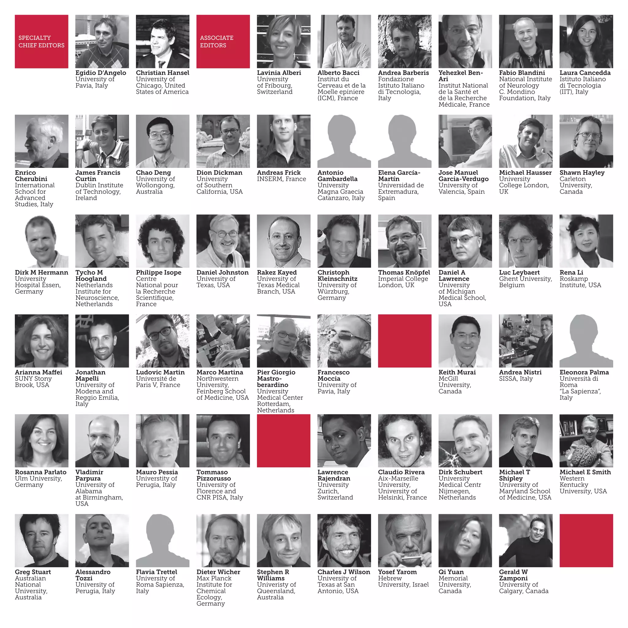 Egidio D‘Angelo
University of
Pavia, Italy
Christian Hansel
University of
Chicago, United
States of America
SPECIALTY
CHIEF EDITORS
ASSOCIATE
EDITORS
Lavinia Alberi
University
of Fribourg,
Switzerland
Alberto Bacci
Institut du
Cerveau et de la
Moelle epiniere
(ICM), France
Andrea Barberis
Fondazione
Istituto Italiano
di Tecnologia,
Italy
Yehezkel Ben-
Ari
Institut National
de la Santé et
de la Recherche
Médicale, France
Fabio Blandini
National Institute
of Neurology
C. Mondino
Foundation, Italy
Laura Cancedda
Istituto Italiano
di Tecnologia
(IIT), Italy
Enrico
Cherubini
International
School for
Advanced
Studies, Italy
James Francis
Curtin
Dublin Institute
of Technology,
Ireland
Chao Deng
University of
Wollongong,
Australia
Dion Dickman
University
of Southern
California, USA
Andreas Frick
INSERM, France
Antonio
Gambardella
University
Magna Graecia
Catanzaro, Italy
Elena García-
Martín
Universidad de
Extremadura,
Spain
Jose Manuel
Garcia-Verdugo
University of
Valencia, Spain
Michael Hausser
University
College London,
UK
Shawn Hayley
Carleton
University,
Canada
Dirk M Hermann
University
Hospital Essen,
Germany
Tycho M
Hoogland
Netherlands
Institute for
Neuroscience,
Netherlands
Philippe Isope
Centre
National pour
la Recherche
Scientifique,
France
Daniel Johnston
University of
Texas, USA
Rakez Kayed
University of
Texas Medical
Branch, USA
Christoph
Kleinschnitz
University of
Würzburg,
Germany
Thomas Knöpfel
Imperial College
London, UK
Daniel A
Lawrence
University
of Michigan
Medical School,
USA
Luc Leybaert
Ghent University,
Belgium
Rena Li
Roskamp
Institute, USA
Arianna Maffei
SUNY Stony
Brook, USA
Jonathan
Mapelli
University of
Modena and
Reggio Emilia,
Italy
Ludovic Martin
Université de
Paris V, France
Marco Martina
Northwestern
University,
Feinberg School
of Medicine, USA
Pier Giorgio
Mastro-
berardino
University
Medical Center
Rotterdam,
Netherlands
Francesco
Moccia
University of
Pavia, Italy
Keith Murai
McGill
University,
Canada
Andrea Nistri
SISSA, Italy
Eleonora Palma
Università di
Roma
“La Sapienza”,
Italy
Rosanna Parlato
Ulm University,
Germany
Vladimir
Parpura
University of
Alabama
at Birmingham,
USA
Mauro Pessia
Universtity of
Perugia, Italy
Tommaso
Pizzorusso
University of
Florence and
CNR PISA, Italy
Lawrence
Rajendran
University
Zurich,
Switzerland
Claudio Rivera
Aix-Marseille
University,
University of
Helsinki, France
Dirk Schubert
University
Medical Centr
Nijmegen,
Netherlands
Michael T
Shipley
University of
Maryland School
of Medicine, USA
Michael E Smith
Western
Kentucky
University, USA
Greg Stuart
Australian
National
University,
Australia
Alessandro
Tozzi
University of
Perugia, Italy
Flavia Trettel
University of
Roma Sapienza,
Italy
Dieter Wicher
Max Planck
Institute for
Chemical
Ecology,
Germany
Stephen R
Williams
Univeristy of
Queensland,
Australia
Charles J Wilson
University of
Texas at San
Antonio, USA
Yosef Yarom
Hebrew
University, Israel
Qi Yuan
Memorial
University,
Canada
Gerald W
Zamponi
University of
Calgary, Canada
 
