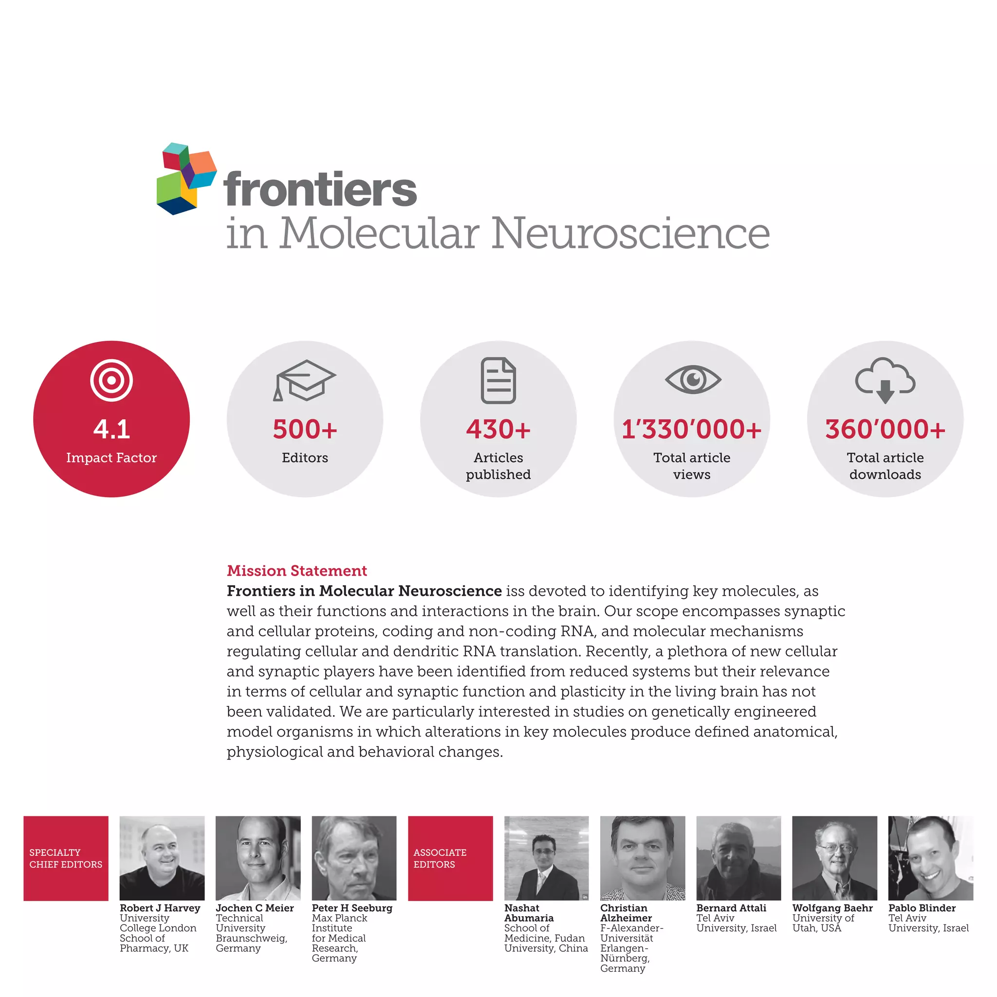 Mission Statement
Frontiers in Molecular Neuroscience iss devoted to identifying key molecules, as
well as their functions and interactions in the brain. Our scope encompasses synaptic
and cellular proteins, coding and non-coding RNA, and molecular mechanisms
regulating cellular and dendritic RNA translation. Recently, a plethora of new cellular
and synaptic players have been identified from reduced systems but their relevance
in terms of cellular and synaptic function and plasticity in the living brain has not
been validated. We are particularly interested in studies on genetically engineered
model organisms in which alterations in key molecules produce defined anatomical,
physiological and behavioral changes.
430+
Articles
published
500+
Editors
1’330’000+
Total article
views
360’000+
Total article
downloads
4.1
Impact Factor
Robert J Harvey
University
College London
School of
Pharmacy, UK
SPECIALTY
CHIEF EDITORS
ASSOCIATE
EDITORS
Jochen C Meier
Technical
University
Braunschweig,
Germany
Peter H Seeburg
Max Planck
Institute
for Medical
Research,
Germany
Nashat
Abumaria
School of
Medicine, Fudan
University, China
Christian
Alzheimer
F-Alexander-
Universität
Erlangen-
Nürnberg,
Germany
Bernard Attali
Tel Aviv
University, Israel
Wolfgang Baehr
University of
Utah, USA
Pablo Blinder
Tel Aviv
University, Israel
 