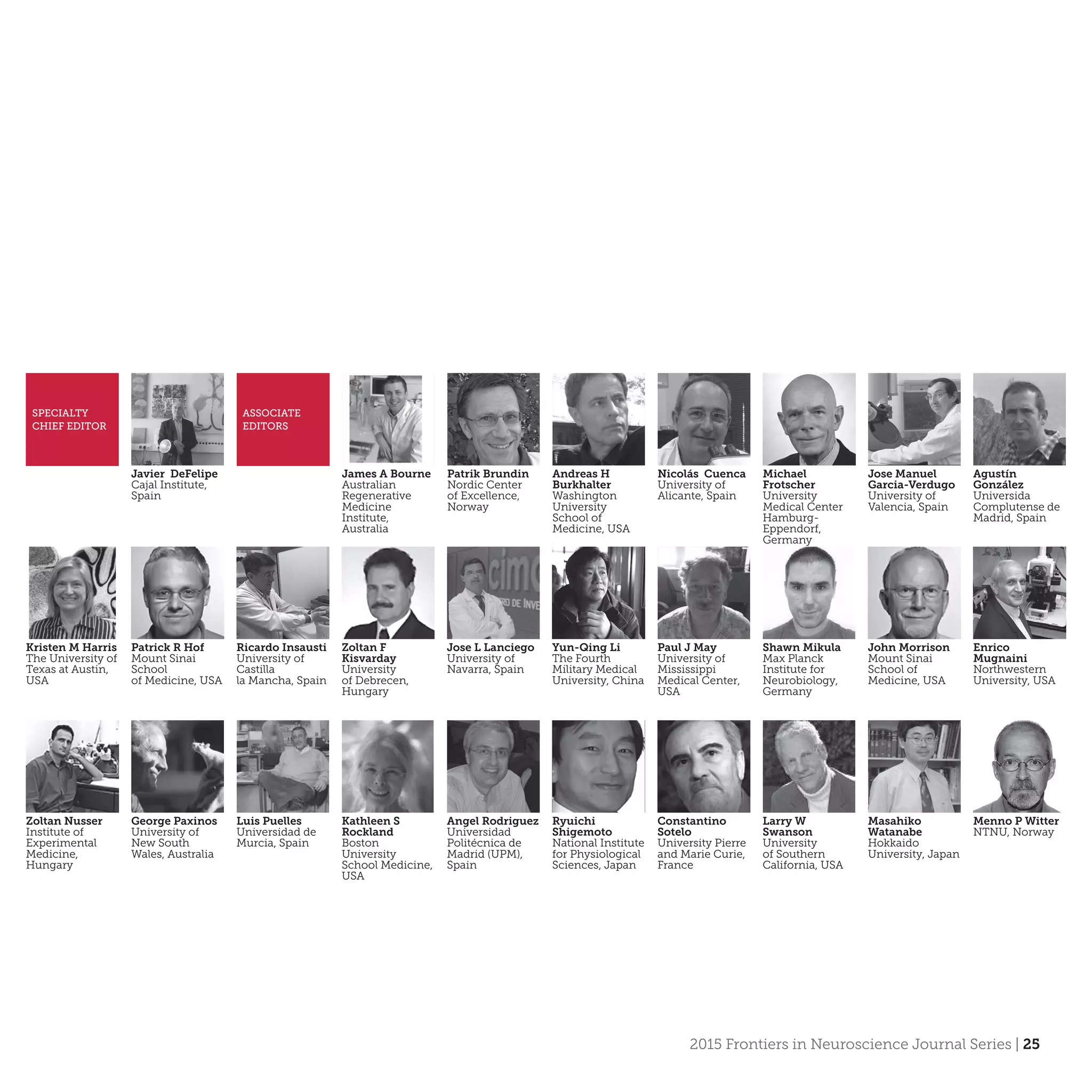 2015 Frontiers in Neuroscience Journal Series | 25
Javier DeFelipe
Cajal Institute,
Spain
SPECIALTY
CHIEF EDITOR
ASSOCIATE
EDITORS
James A Bourne
Australian
Regenerative
Medicine
Institute,
Australia
Patrik Brundin
Nordic Center
of Excellence,
Norway
Andreas H
Burkhalter
Washington
University
School of
Medicine, USA
Nicolás Cuenca
University of
Alicante, Spain
Michael
Frotscher
University
Medical Center
Hamburg-
Eppendorf,
Germany
Jose Manuel
Garcia-Verdugo
University of
Valencia, Spain
Agustín
González
Universida
Complutense de
Madrid, Spain
Kristen M Harris
The University of
Texas at Austin,
USA
Patrick R Hof
Mount Sinai
School
of Medicine, USA
Ricardo Insausti
University of
Castilla ­
la Mancha, Spain
Zoltan F
Kisvarday
University
of Debrecen,
Hungary
Jose L Lanciego
University of
Navarra, Spain
Yun-Qing Li
The Fourth
Military Medical
University, China
Paul J May
University of
Mississippi
Medical Center,
USA
Shawn Mikula
Max Planck
Institute for
Neurobiology,
Germany
John Morrison
Mount Sinai
School of
Medicine, USA
Enrico
Mugnaini
Northwestern
University, USA
Zoltan Nusser
Institute of
Experimental
Medicine,
Hungary
George Paxinos
University of
New South
Wales, Australia
Luis Puelles
Universidad de
Murcia, Spain
Kathleen S
Rockland
Boston
University
School Medicine,
USA
Angel Rodriguez
Universidad
Politécnica de
Madrid (UPM),
Spain
Ryuichi
Shigemoto
National Institute
for Physiological
Sciences, Japan
Constantino
Sotelo
University Pierre
and Marie Curie,
France
Larry W
Swanson
University
of Southern
California, USA
Masahiko
Watanabe
Hokkaido
University, Japan
Menno P Witter
NTNU, Norway
 