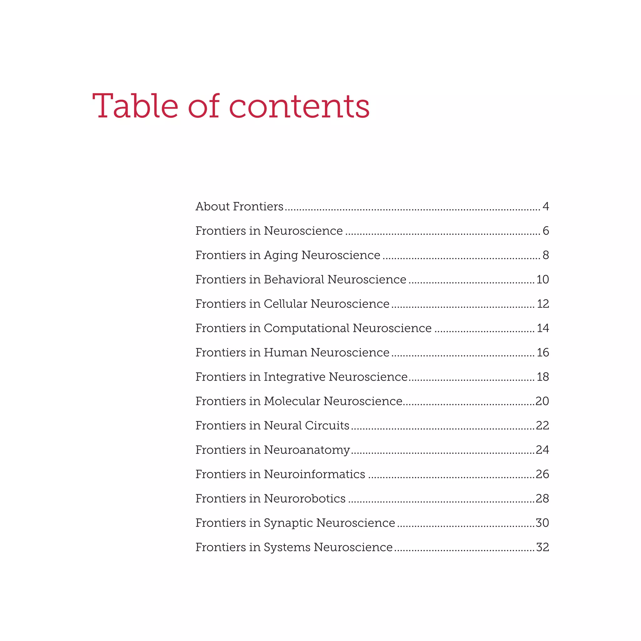 Table of contents
About Frontiers..........................................................................................4
Frontiers in Neuroscience.....................................................................6
Frontiers in Aging Neuroscience........................................................8
Frontiers in Behavioral Neuroscience.............................................10
Frontiers in Cellular Neuroscience................................................... 12
Frontiers in Computational Neuroscience.................................... 14
Frontiers in Human Neuroscience................................................... 16
Frontiers in Integrative Neuroscience............................................. 18
Frontiers in Molecular Neuroscience...............................................20
Frontiers in Neural Circuits.................................................................22
Frontiers in Neuroanatomy.................................................................24
Frontiers in Neuroinformatics...........................................................26
Frontiers in Neurorobotics..................................................................28
Frontiers in Synaptic Neuroscience.................................................30
Frontiers in Systems Neuroscience..................................................32
 