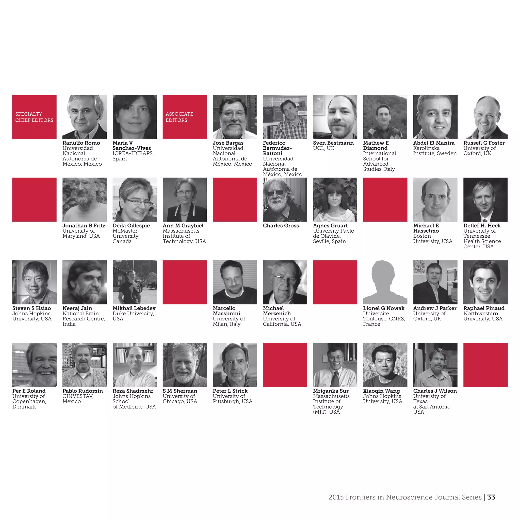 2015 Frontiers in Neuroscience Journal Series | 33
SPECIALTY
CHIEF EDITORS
Ranulfo Romo
Universidad
Nacional
Autónoma de
México, Mexico
Maria V
Sanchez-Vives
ICREA-IDIBAPS,
Spain
ASSOCIATE
EDITORS
Jose Bargas
Universidad
Nacional
Autónoma de
México, Mexico
Federico
Bermudez-
Rattoni
Universidad
Nacional
Autónoma de
México, Mexico
Sven Bestmann
UCL, UK
Mathew E
Diamond
International
School for
Advanced
Studies, Italy
Abdel El Manira
Karolinska
Institute, Sweden
Russell G Foster
University of
Oxford, UK
Jonathan B Fritz
University of
Maryland, USA
Deda Gillespie
McMaster
University,
Canada
Ann M Graybiel
Massachusetts
Institute of
Technology, USA
Charles Gross Agnes Gruart
University Pablo
de Olavide,
Seville, Spain
Michael E
Hasselmo
Boston
University, USA
Detlef H. Heck
University of
Tennessee
Health Science
Center, USA
Steven S Hsiao
Johns Hopkins
University, USA
Neeraj Jain
National Brain
Research Centre,
India
Mikhail Lebedev
Duke University,
USA
Marcello
Massimini
University of
Milan, Italy
Michael
Merzenich
University of
California, USA
Lionel G Nowak
Université
Toulouse ­CNRS,
France
Andrew J Parker
University of
Oxford, UK
Raphael Pinaud
Northwestern
University, USA
Per E Roland
University of
Copenhagen,
Denmark
Pablo Rudomin
CINVESTAV,
Mexico
Reza Shadmehr
Johns Hopkins
School
of Medicine, USA
S M Sherman
University of
Chicago, USA
Peter L Strick
University of
Pittsburgh, USA
Mriganka Sur
Massachusetts
Institute of
Technology
(MIT), USA
Xiaoqin Wang
Johns Hopkins
University, USA
Charles J Wilson
University of
Texas
at San Antonio,
USA
 