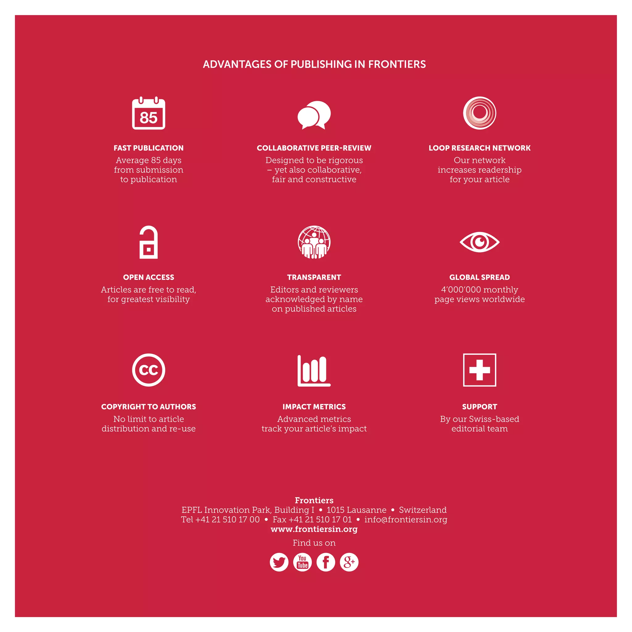 ADVANTAGES OF PUBLISHING IN FRONTIERS
TRANSPARENT
Editors and reviewers
acknowledged by name
on published articles
GLOBAL SPREAD
4’000’000 monthly
page views worldwide
SUPPORT
By our Swiss-based
editorial team
COPYRIGHT TO AUTHORS
No limit to article
distribution and re-use
IMPACT METRICS
Advanced metrics
track your article’s impact
LOOP RESEARCH NETWORK
Our network
increases readership
for your article
COLLABORATIVE PEER-REVIEW
Designed to be rigorous
– yet also collaborative,
fair and constructive
Frontiers
EPFL Innovation Park, Building I ∞ 1015 Lausanne ∞ Switzerland
Tel +41 21 510 17 00 ∞ Fax +41 21 510 17 01 ∞ info@frontiersin.org
www.frontiersin.org
Find us on
FAST PUBLICATION
Average 85 days
from submission
to publication
OPEN ACCESS
Articles are free to read,
for greatest visibility
 