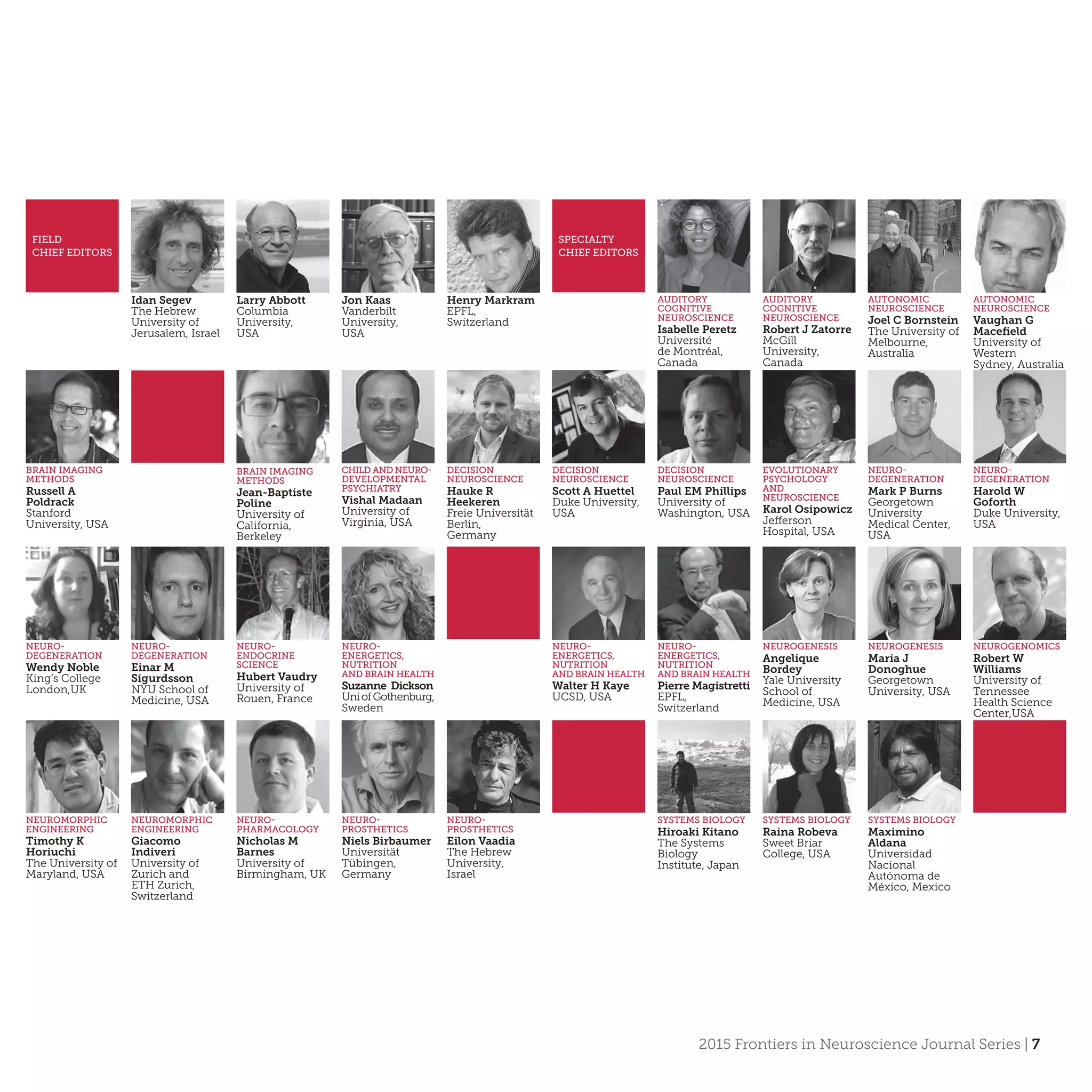 2015 Frontiers in Neuroscience Journal Series | 7
FIELD
CHIEF EDITORS
Jon Kaas
Vanderbilt
University,
USA
Idan Segev
The Hebrew
University of
Jerusalem, Israel
Larry Abbott
Columbia
University,
USA
Henry Markram
EPFL,
Switzerland
SPECIALTY
CHIEF EDITORS
AUDITORY
COGNITIVE
NEUROSCIENCE
Isabelle Peretz
Université
de Montréal,
Canada
AUDITORY
COGNITIVE
NEUROSCIENCE
Robert J Zatorre
McGill
University,
Canada
AUTONOMIC
NEUROSCIENCE
Joel C Bornstein
The University of
Melbourne,
Australia
AUTONOMIC
NEUROSCIENCE
Vaughan G
Macefield
University of
Western
Sydney, Australia
BRAIN IMAGING
METHODS
Russell A
Poldrack
Stanford
University, USA
CHILD AND NEURO-
DEVELOPMENTAL
PSYCHIATRY
Vishal Madaan
University of
Virginia, USA
BRAIN IMAGING
METHODS
Jean-Baptiste
Poline
University of
California,
Berkeley
DECISION
NEUROSCIENCE
Hauke R
Heekeren
Freie Universität
Berlin,
Germany
DECISION
NEUROSCIENCE
Scott A Huettel
Duke University,
USA
DECISION
NEUROSCIENCE
Paul EM Phillips
University of
Washington, USA
EVOLUTIONARY
PSYCHOLOGY
AND
NEUROSCIENCE
Karol Osipowicz
Jefferson
Hospital, USA
NEURO-
DEGENERATION
Wendy Noble
King’s College
London,UK
NEURO-
DEGENERATION
Mark P Burns
Georgetown
University
Medical Center,
USA
NEURO-
DEGENERATION
Harold W
Goforth
Duke University,
USA
NEURO-
DEGENERATION
Einar M
Sigurdsson
NYU School of
Medicine, USA
NEURO-
ENDOCRINE
SCIENCE
Hubert Vaudry
University of
Rouen, France
NEURO-
ENERGETICS,
NUTRITION
AND BRAIN HEALTH
Suzanne Dickson
UniofGothenburg,
Sweden
NEURO-
ENERGETICS,
NUTRITION
AND BRAIN HEALTH
Pierre Magistretti
EPFL,
Switzerland
NEURO-
ENERGETICS,
NUTRITION
AND BRAIN HEALTH
Walter H Kaye
UCSD, USA
NEUROMORPHIC
ENGINEERING
Timothy K
Horiuchi
The University of
Maryland, USA
NEUROGENOMICS
Robert W
Williams
University of
Tennessee
Health Science
Center,USA
NEUROGENESIS
Maria J
Donoghue
Georgetown
University, USA
NEUROGENESIS
Angelique
Bordey
Yale University
School of
Medicine, USA
NEUROMORPHIC
ENGINEERING
Giacomo
Indiveri
University of
Zurich and
ETH Zurich,
Switzerland
NEURO-
PROSTHETICS
Eilon Vaadia
The Hebrew
University,
Israel
NEURO-
PROSTHETICS
Niels Birbaumer
Universität
Tübingen,
Germany
SYSTEMS BIOLOGY
Raina Robeva
Sweet Briar
College, USA
SYSTEMS BIOLOGY
Hiroaki Kitano
The Systems
Biology
Institute, Japan
NEURO-
PHARMACOLOGY
Nicholas M
Barnes
University of
Birmingham, UK
SYSTEMS BIOLOGY
Maximino
Aldana
Universidad
Nacional
Autónoma de
México, Mexico
 
