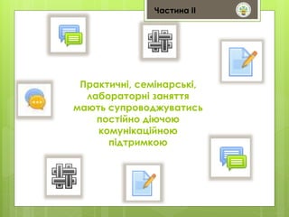 Частина ІІ 
Практичні, семінарські, 
лабораторні заняття 
мають супроводжуватись 
постійно діючою 
комунікаційною 
підтримкою 
 