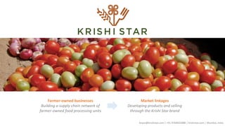 bryan@krishistar.com | +91 9769825888 | krishistar.com | Mumbai, India
Farmer-owned businesses
Building a supply chain network of
farmer-owned food processing units
Market linkages
Developing products and selling
through the Krishi Star brand
 