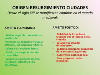 ORIGEN RESURGIMIENTO CIUDADES
Desde el siglo XIII se manifiestan cambios en el mundo
medieval:
AMBITO ECONÓMICO:
• Mejoras agrícolas: aumento de
producción.
•Aumento de población y trabajo
artesanal, los mercados y dinero.
•Eclipse de la sociedad feudal.
• Se hizo mas seguras las rutas
comerciales.
• Aumenta el contacto Oriente –
Occidente, GRACIAS A LAS
CRUZADAS.
AMBITO POLÍTICO:
• Debilidad de los señores
feudales tras el regreso de las
cruzadas.
• Las guerras privadas
disminuyeron.
• La Iglesia suavizó las costumbre
de la aristocracia guerrera.
• Aumentó la autoridad real.
• Cese progresivo de las
invasiones.
 