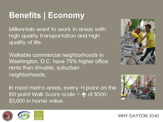 Benefits | Economy
Millennials want to work in areas with
high quality transportation and high
quality of life.
Walkable c...