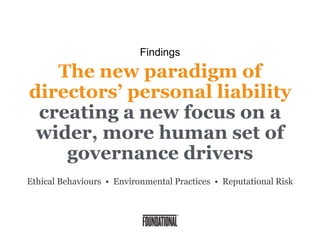 The new paradigm of
directors’ personal liability
creating a new focus on a
wider, more human set of
governance drivers
Ethical Behaviours • Environmental Practices • Reputational Risk
Findings
 