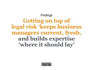 Getting on top of
legal risk ‘keeps business
managers current, fresh,
and builds expertise
‘where it should lay’
Findings
 