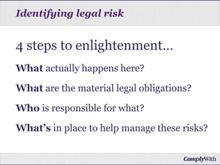 4 steps to enlightenment…
What actually happens here?
What are the material legal obligations?
Who is responsible for what?
What’s in place to help manage these risks?
Identifying legal risk
 