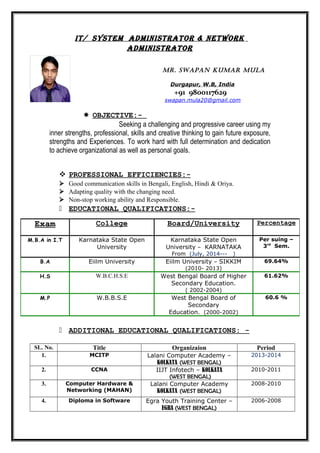 IT/ SYSTEM ADMINISTRATOR & NETWORK
ADMINISTRATOR
MR. SWAPAN KUMAR MULA
Durgapur, W.B, India
+91 9800117629
swapan.mula20@gmail.com
 OBJECTIVE:-
Seeking a challenging and progressive career using my
inner strengths, professional, skills and creative thinking to gain future exposure,
strengths and Experiences. To work hard with full determination and dedication
to achieve organizational as well as personal goals.
 PROFESSIONAL EFFICIENCIES:-
 Good communication skills in Bengali, English, Hindi & Oriya.
 Adapting quality with the changing need.
 Non-stop working ability and Responsible.
 EDUCATIONAL QUALIFICATIONS:-
 ADDITIONAL EDUCATIONAL QUALIFICATIONS: -
SL. No. Title Organizaion Period
1. MCITP Lalani Computer Academy –
KOLKATA (WEST BENGAL)
2013-2014
2. CCNA IIJT Infotech – KOLKATA
(WEST BENGAL)
2010-2011
3. Computer Hardware &
Networking (MAHAN)
Lalani Computer Academy
KOLKATA (WEST BENGAL)
2008-2010
4. Diploma in Software Egra Youth Training Center –
EGRA (WEST BENGAL)
2006-2008
Exam College Board/University Percentage
M.B.A in I.T Karnataka State Open
University
Karnataka State Open
University – KARNATAKA
From (July, 2014--- )
Per suing –
3rd
Sem.
B.A Eiilm University Eiilm University – SIKKIM
(2010- 2013)
69.64%
H.S W.B.C.H.S.E West Bengal Board of Higher
Secondary Education.
( 2002-2004)
61.62%
M.P W.B.B.S.E West Bengal Board of
Secondary
Education. (2000-2002)
60.6 %
 