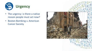 Urgency
• The urgency: is there a native
reason people must act now?
• Boston Bombing v. American
Cancer Society
 