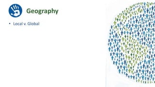 Geography
• Local v. Global
 