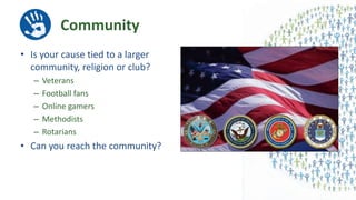 Community
• Is your cause tied to a larger
community, religion or club?
– Veterans
– Football fans
– Online gamers
– Methodists
– Rotarians
• Can you reach the community?
 