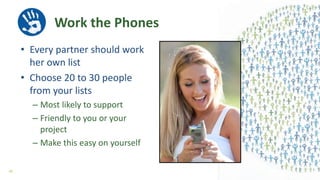 Work the Phones
• Every partner should work
her own list
• Choose 20 to 30 people
from your lists
– Most likely to support
– Friendly to you or your
project
– Make this easy on yourself
45
 