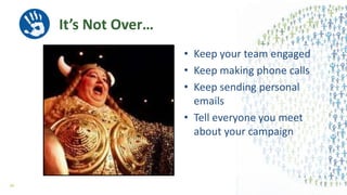 It’s Not Over…
• Keep your team engaged
• Keep making phone calls
• Keep sending personal
emails
• Tell everyone you meet
about your campaign
60
 