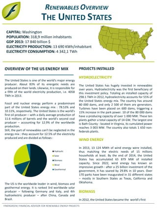 The United States is one of the world’s major energy
producer. About 83% of its energetic needs are
produced on their lands. Likewise, it is responsible for
a fifth of the world electricity production, i.e. 4058
TWh in 2013.
Fossil and nuclear energy perform a predominant
part of the United States energy mix : 78.53% and
10.11%, respectively. The United States is the world’s
first oil producer – with a daily average production of
11.6 millions of barrels and the world’s second coal
producer – accounting for 12.9% of the worldwide
production.
Still, the part of renewables can’t be neglected in the
energy mix : they account for 12.5% of the electricity
produced and are divided as follows :
The US is the worldwide leader in wind, biomass and
geothermal energy. It is ranked 3rd worldwide solar
producer – following Germany and Italy, and 4th
hydroelectric producer – after China, Canada and
Brazil.
OVERVIEW OF THE US ENERGY MIX
FINERGREEN| FINANCIAL ADVISOR FOR RENEWABLE ENERGY PROJECTS
PROJECTS INSTALLED
HYDROELECTRICITY
The United States has hugely invested in renewables
over years. Hydroelectricity was the first beneficiary of
this investment policy. Totaling an installed capacity of
298.1 TWh in 2012, hydroelectricity accounts for 55% of
the United States energy mix. The country has around
80 000 dams, and only 2 500 of them are generators.
Turbines have been placed on 600 dams, triggering a
15% increase in the park power. 10 of the 80 000 dams
have a producing capacity of over 1 000 MW. These ten
plants gather a total capacity of 14 GW. The largest one
is Bath County : located in Virginia, its cumulated power
reaches 3 003 MW. The country also totals 1 650 non-
federals plants.
WIND ENERGY
In 2013, 13 124 MWh of wind energy were installed,
thus matching the electric needs of 15 millions
households at least. By the end of 2014, the United
States has accumulated 65 879 MW of installed
capacity. Since 2022, wind energy has known an
impressive growth : after a 25 billion investment of the
government, it has soared by 29.8% in 10 years. Over
170 parks have been inaugurated in 31 different states
– mostly in Southern States as Texas, California and
Oklahoma.
BIOMASS
In 2012, the United States became the world’s first
CAPITAL: Washington
POPULATION: 318,9 million inhabitants
GDP 2013: 17 840 billion $
ELECTRICITY PRODUCTION: 13 690 KWh/inhabitant
ELECTRICITY CONSUMPTION: 4 342,1 TWh
Hydraulic
Solar
Biomass
Wind
Geothermal
RENEWABLES OVERVIEW
THE UNITED STATES
 