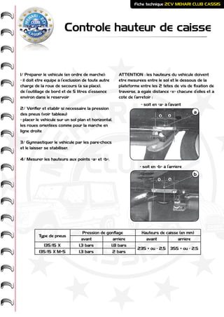 ME
HARI -
2CV-
-
CASSIS
CLUB
Controle hauteur de caisse
Fiche technique 2CV MEHARI CLUB CASSIS
1/ Préparer le véhicule (en ordre de marche):
- il doit être équipé à l’exclusion de toute autre
charge de la roue de secours (à sa place),
de l’outillage de bord et de 5 litres d’essence
environ dans le réservoir
2/ Vérifier et établir si nécessaire la pression
des pneus (voir tableau)
- placer le véhicule sur un sol plan et horizontal,
les roues orientées comme pour la marche en
ligne droite
3/ Gymnastiquer le véhicule par les pare-chocs
et le laisser se stabiliser.
4/ Mesurer les hauteurs aux points «a» et «b».
ATTENTION : les hauteurs du véhicule doivent
être mesurées entre le sol et le dessous de la
plateforme entre les 2 têtes de vis de fixation de
traverse, à égale distance «x» chacune d’elles et à
côté de l’arrêtoir :
- soit en «a» à l’avant
- soit en «b» à l’arrière
Type de pneus
Pression de gonflage Hauteurs de caisse (en mm)
avant arrière avant arrière
135/15 X 1,3 bars 1,8 bars
235 + ou - 2,5 355 + ou - 2,5
135/15 X M+S 1,3 bars 2 bars
a
b
 