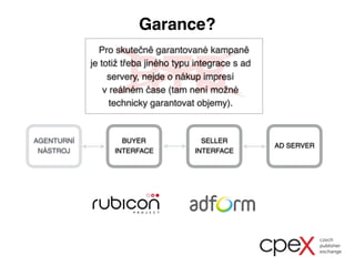 Garance?
RTB
AGENTURNÍ
NÁSTROJ
BUYER
INTERFACE
SELLER
INTERFACE
AD SERVER
Pro skutečně garantované kampaně
je totiž třeba jiného typu integrace s ad
servery, nejde o nákup impresí
v reálném čase (tam není možné
technicky garantovat objemy).
 