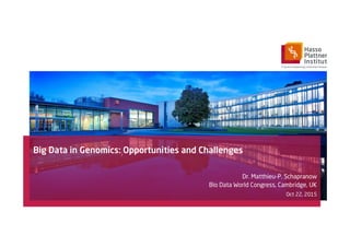 Big Data in Genomics: Opportunities and Challenges
Dr. Matthieu-P. Schapranow
Bio Data World Congress, Cambridge, UK
Oct 22, 2015
 