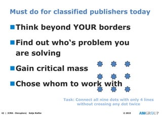 Must do for classified publishers today
Think beyond YOUR borders
Find out who‘s problem you
are solving
Gain critical mass
Chose whom to work with
42 | ICMA - Disruptors| Katja Riefler © 2015
Task: Connect all nine dots with only 4 lines
without crossing any dot twice
 