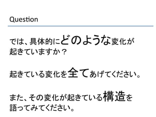 Ques/on	
  
	
  
では、具体的にどのような変化が	
  
起きていますか？	
  
	
  
起きている変化を全てあげてください。	
  
	
  
また、その変化が起きている構造を	
  
語ってみてください。	
 