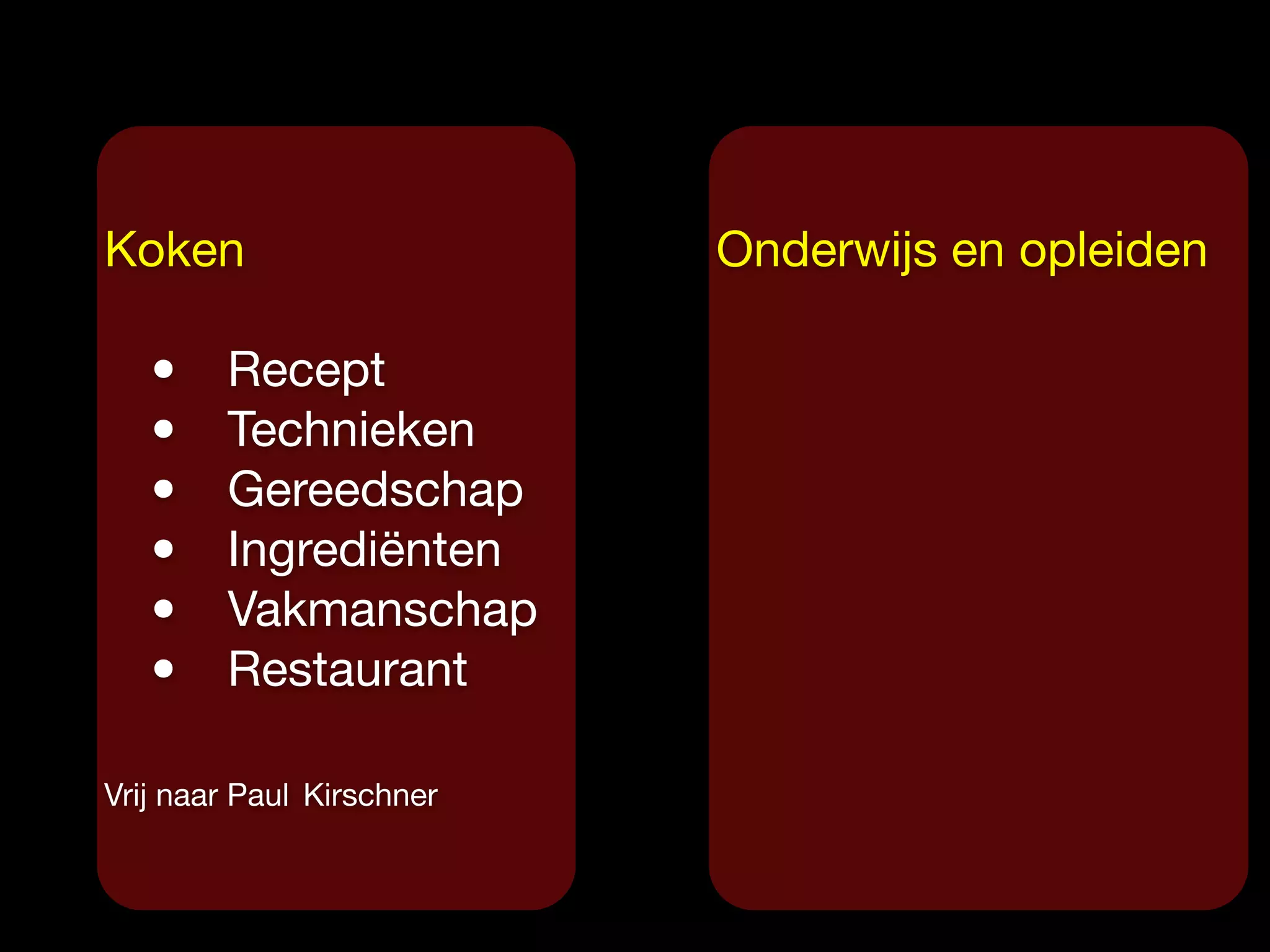 Koken

• Recept

• Technieken

• Gereedschap

• Ingrediënten

• Vakmanschap

• Restaurant

Vrij naar Paul Kirschner
Onderwijs en opleiden
 