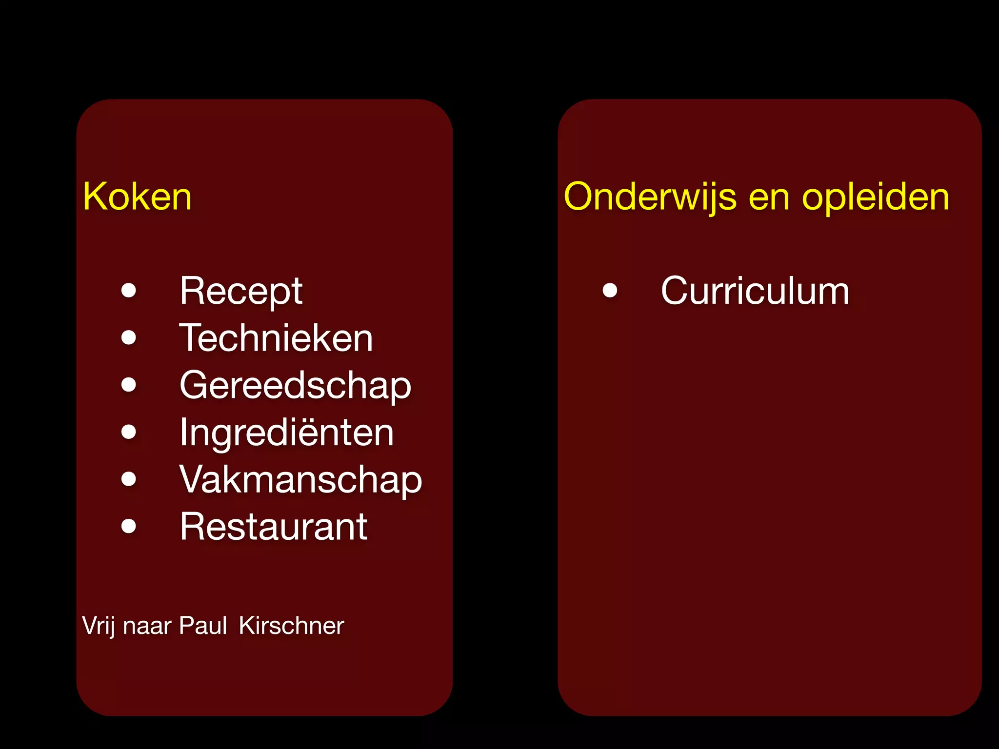 Koken

• Recept

• Technieken

• Gereedschap

• Ingrediënten

• Vakmanschap

• Restaurant

Vrij naar Paul Kirschner
Onderwijs en opleiden
• Curriculum
 