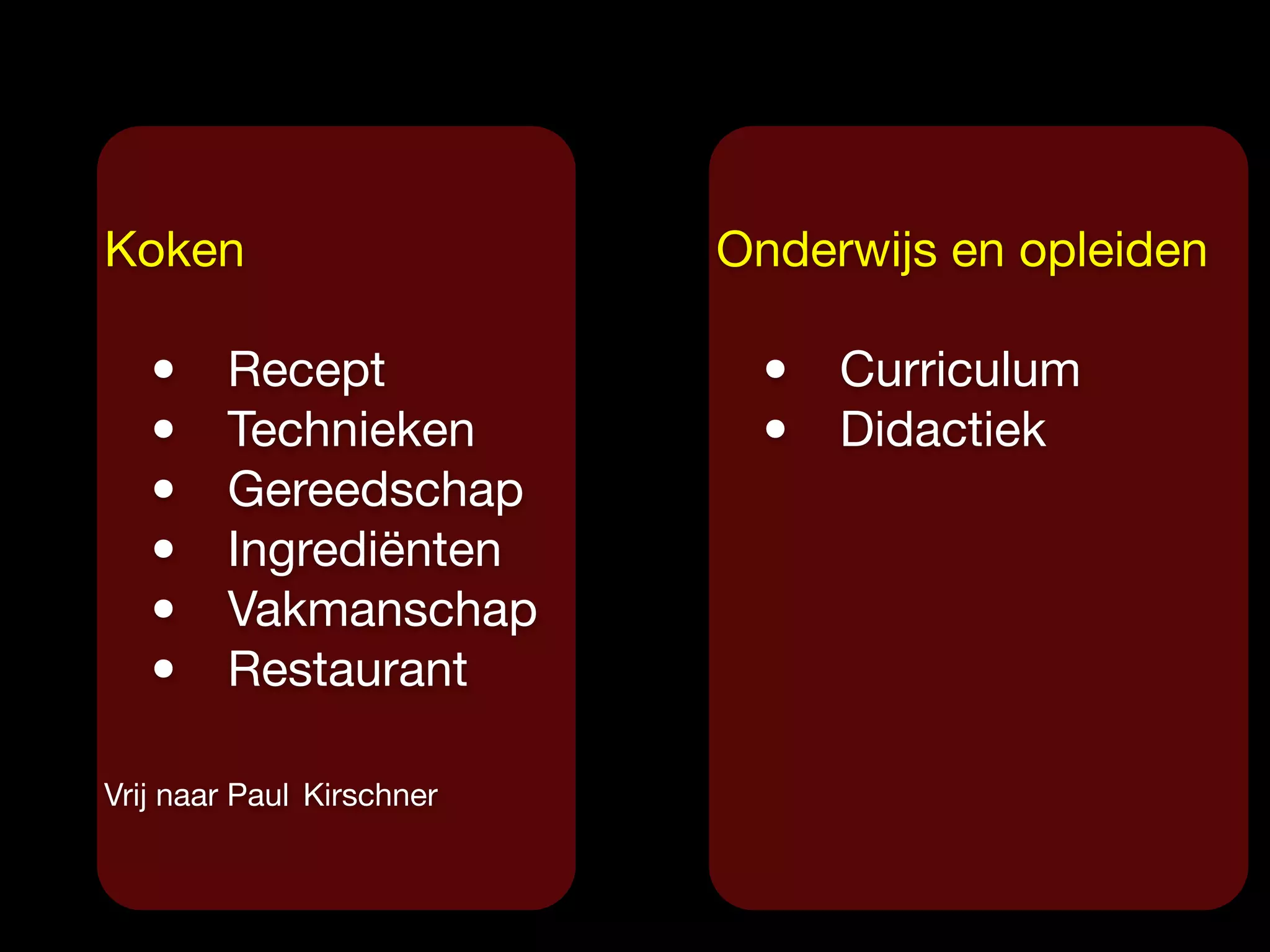 Koken

• Recept

• Technieken

• Gereedschap

• Ingrediënten

• Vakmanschap

• Restaurant

Vrij naar Paul Kirschner
Onderwijs en opleiden
• Curriculum
• Didactiek
 