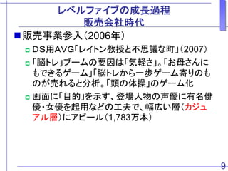 レベルファイブの成長過程
販売会社時代
販売事業参入（2006年）
 ＤＳ用ＡＶＧ「レイトン教授と不思議な町」（2007）
 「脳トレ」ブームの要因は「気軽さ」。「お母さんに
もできるゲーム」「脳トレから一歩ゲーム寄りのも
のが売れると分析。「頭の体操」のゲーム化
 画面に「目的」を示す、登場人物の声優に有名俳
優・女優を起用などの工夫で、幅広い層（カジュ
アル層）にアピール（1,783万本）
9
 