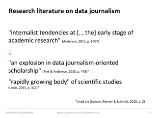 MEDIA & DESIGN
Research literature on data journalism
@julauss, @sextus_empirico & @oppermann_m 8
"internalist tendencies at [... the] early stage of
academic research" (Anderson, 2013, p. 1007)
↓
"an explosion in data journalism-oriented
scholarship" (Fink & Anderson, 2015, p. 476)*
"rapidly growing body" of scientific studies
(Lewis, 2015, p. 322)*
*cited via (Loosen, Reimer & Schmidt, 2015, p. 2)
#DuMD2015 & #DUMediaDays
 