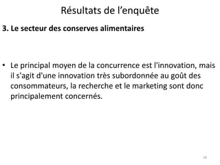 Résultats de l’enquête
28
3. Le secteur des conserves alimentaires
• Le principal moyen de la concurrence est l'innovation, mais
il s'agit d'une innovation très subordonnée au goût des
consommateurs, la recherche et le marketing sont donc
principalement concernés.
 