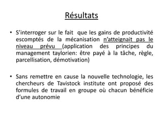 Résultats
• S’interroger sur le fait que les gains de productivité
escomptés de la mécanisation n’atteignait pas le
niveau prévu (application des principes du
management taylorien: être payé à la tâche, règle,
parcellisation, démotivation)
• Sans remettre en cause la nouvelle technologie, les
chercheurs de Tavistock institute ont proposé des
formules de travail en groupe où chacun bénéficie
d’une autonomie
 