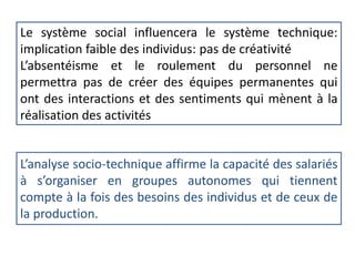 L’analyse socio-technique affirme la capacité des salariés
à s’organiser en groupes autonomes qui tiennent
compte à la fois des besoins des individus et de ceux de
la production.
Le système social influencera le système technique:
implication faible des individus: pas de créativité
L’absentéisme et le roulement du personnel ne
permettra pas de créer des équipes permanentes qui
ont des interactions et des sentiments qui mènent à la
réalisation des activités
 