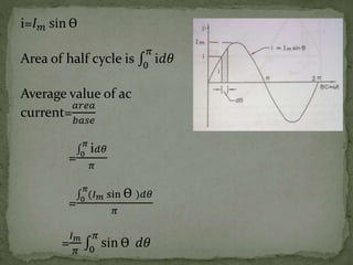 i=𝐼 𝑚 sin Ө
Area of half cycle is 0
𝜋
i𝑑𝜃
Average value of ac
current=
𝑎𝑟𝑒𝑎
𝑏𝑎𝑠𝑒
= 0
𝜋
i 𝑑𝜃
𝜋
= 0
𝜋
(𝐼 𝑚 sin Ө )𝑑𝜃
𝜋
=
𝐼 𝑚
𝜋 0
𝜋
sin Ө 𝑑𝜃