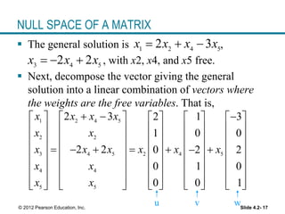 Slide 4.2- 17© 2012 Pearson Education, Inc.
NULL SPACE OF A MATRIX
 The general solution is ,
, with x2, x4, and x5 free.
 Next, decompose the vector giving the general
solution into a linear combination of vectors where
the weights are the free variables. That is,
1 2 4 5
2 3x x x x  
3 4 5
2 2x x x  
1 2 4 5
2 2
3 4 5 2 4 5
4 4
5 5
2 3 2 1 3
1 0 0
2 2 0 2 2
0 1 0
0 0 1
x x x x
x x
x x x x x x
x x
x x
           
         
         
              
         
         
                 
u wv
 