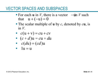 Slide 4.1- 4© 2012 Pearson Education, Inc.
VECTOR SPACES AND SUBSPACES
 For each u in V, there is a vector in V such
that .
 The scalar multiple of u by c, denoted by cu, is
in V.
 .
 .
 .
 .
u
u ( u) 0  
(u v) u vc c c  
(c + d)u = cu + du
( u) ( )uc d cd
1u u
 