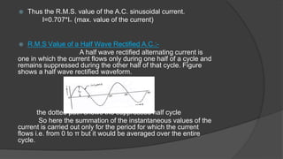  Thus the R.M.S. value of the A.C. sinusoidal current.
I=0.707*Im (max. value of the current)
 R.M.S Value of a Half Wave Rectified A.C.:-
A half wave rectified alternating current is
one in which the current flows only during one half of a cycle and
remains suppressed during the other half of that cycle. Figure
shows a half wave rectified waveform.
the dotted path shows the suppressed half cycle
So here the summation of the instantaneous values of the
current is carried out only for the period for which the current
flows i.e. from 0 to π but it would be averaged over the entire
cycle.
 