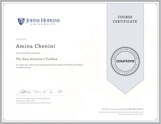 EDUCA
T
ION FOR EVE
R
YONE
CO
U
R
S
E
C E R T I F
I
C
A
TE
COURSE
CERTIFICATE
07/10/2016
Amina Chenini
The Data Scientist’s Toolbox
an online non-credit course authorized by Johns Hopkins University and offered
through Coursera
has successfully completed
Jeff Leek, PhD; Roger Peng, PhD; Brian Caffo, PhD
Department of Biostatistics
Johns Hopkins Bloomberg School of Public Health
Verify at coursera.org/verify/86HDMTVGSD5G
Coursera has confirmed the identity of this individual and
their participation in the course.
 