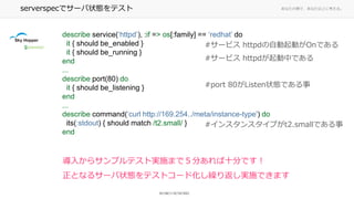 ʤ΂ȤǡʤϤ˿롣serverspecǥ`״Bƥ
describe service(httpd), :if => os[:family] == redhat do
it { should be_enabled }
it { should be_running }
end
...
describe port(80) do
it { should be_listening }
end
...
describe command(curl http://169.254../meta/instance-type') do
its(:stdout) { should match /t2.small/ }
end
#`ӥ httpdԄӤOnǤ
#`ӥ httpdФǤ
#port 80Listen״BǤ
#󥹥󥹥פt2.smallǤ
뤫饵ץƥȌgʩޤǣ֤ʮ֤Ǥ
Ȥʤ륵`״Bƥȥ`ɻR귵gʩǤޤ
 