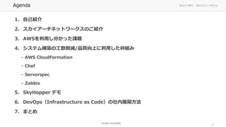 ʤ΂ȤǡʤϤ˿롣Agenda
1. ԼB
2. `ͥåȥ`ΤB
3. AWSä֤än}
4. ƥBιp/Ʒ|ϤäM
C AWS CloudFormation
C Chef
C Serverspec
C Zabbix
5. SkyHopper ǥ
6. DevOpsInfrastructure as Codeչ_
7. ޤȤ
2
 