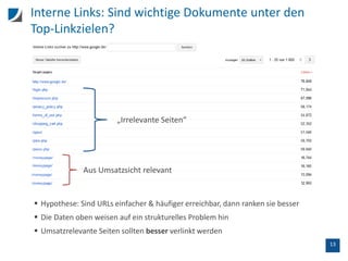 13
Interne Links: Sind wichtige Dokumente unter den
Top-Linkzielen?
 Hypothese: Sind URLs einfacher & häufiger erreichbar, dann ranken sie besser
 Die Daten oben weisen auf ein strukturelles Problem hin
 Umsatzrelevante Seiten sollten besser verlinkt werden
Aus Umsatzsicht relevant
„Irrelevante Seiten“
 