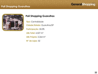 222222
Poli Shopping Guarulhos
Tipo: Centralidade
Cidade/Estado: Guarulhos/SP
Participação: 50,0%
ABL Total: 4.527 m²
ABL Própria: 2.264 m²
No ‘de Lojas: 52
Poli Shopping Guarulhos
 