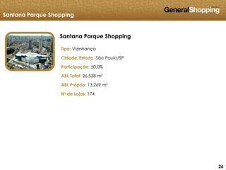 262626
Santana Parque Shopping
Tipo: Vizinhança
Cidade/Estado: São Paulo/SP
Participação: 50,0%
ABL Total: 26.538 m²
ABL Própria: 13.269 m²
No de Lojas: 174
Santana Parque Shopping
 