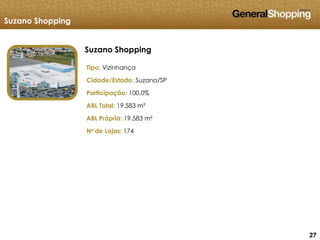 272727
Suzano Shopping
Tipo: Vizinhança
Cidade/Estado: Suzano/SP
Participação: 100,0%
ABL Total: 19.583 m²
ABL Própria: 19.583 m²
No de Lojas: 174
Suzano Shopping
 