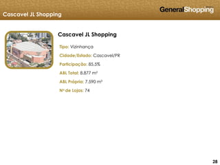 282828
Cascavel JL Shopping
Tipo: Vizinhança
Cidade/Estado: Cascavel/PR
Participação: 85,5%
ABL Total: 8.877 m²
ABL Própria: 7.590 m²
No de Lojas: 74
Cascavel JL Shopping
 