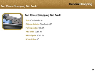 292929
Top Center Shopping São Paulo
Tipo: Centralidade
Cidade/Estado: São Paulo/SP
Participação: 100,0%
ABL Total: 6.369 m²
ABL Própria: 6.369 m²
No de Lojas: 67
Top Center Shopping São Paulo
 