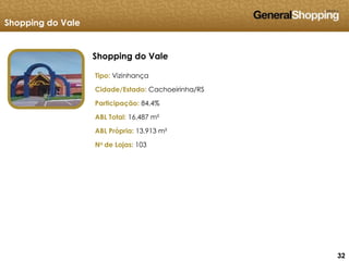 323232
Shopping do Vale
Tipo: Vizinhança
Cidade/Estado: Cachoeirinha/RS
Participação: 84,4%
ABL Total: 16.487 m²
ABL Própria: 13.913 m²
No de Lojas: 103
Shopping do Vale
 