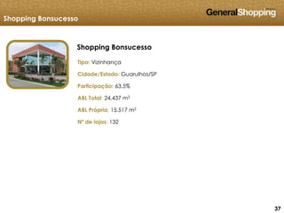 373737
Shopping Bonsucesso
Shopping Bonsucesso
Tipo: Vizinhança
Cidade/Estado: Guarulhos/SP
Participação: 63,5%
ABL Total: 24,437 m2
ABL Própria: 15.517 m2
Nº de lojas: 132
 