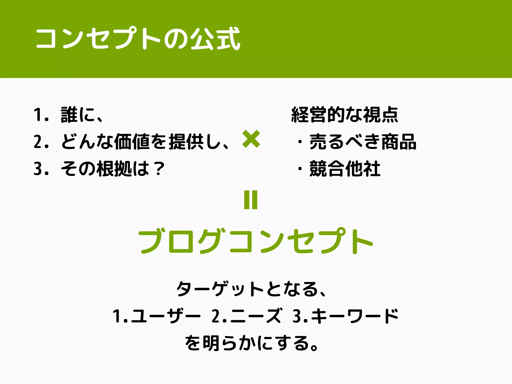 コンセプトの公式
1. 誰に、
2. どんな価値を提供し、
3. その根拠は？
経営的な視点
・売るべき商品
・競合他社
=ブログコンセプト
ターゲットとなる、
1.ユーザー 2.ニーズ 3.キーワード
を明らかにする。
 